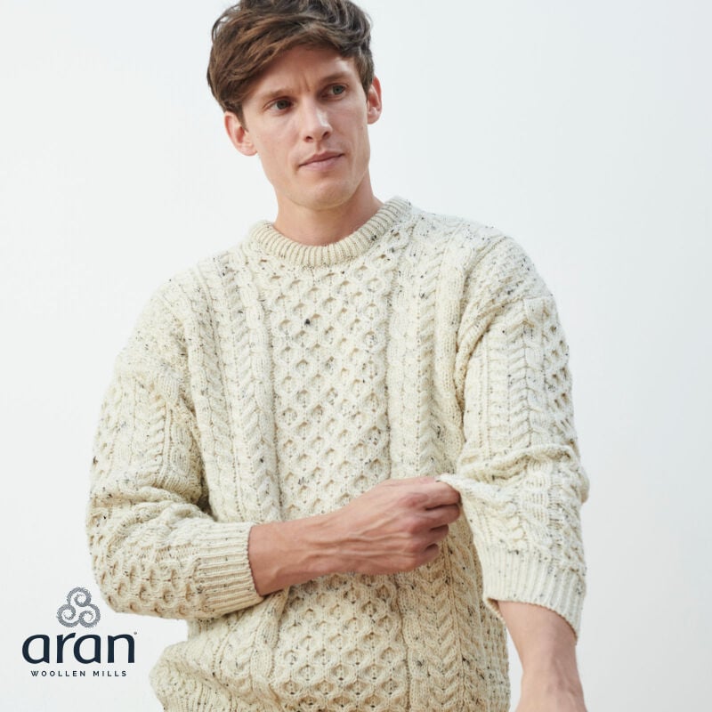 Natural Wool Crew Neck Traditional Aran Sweater